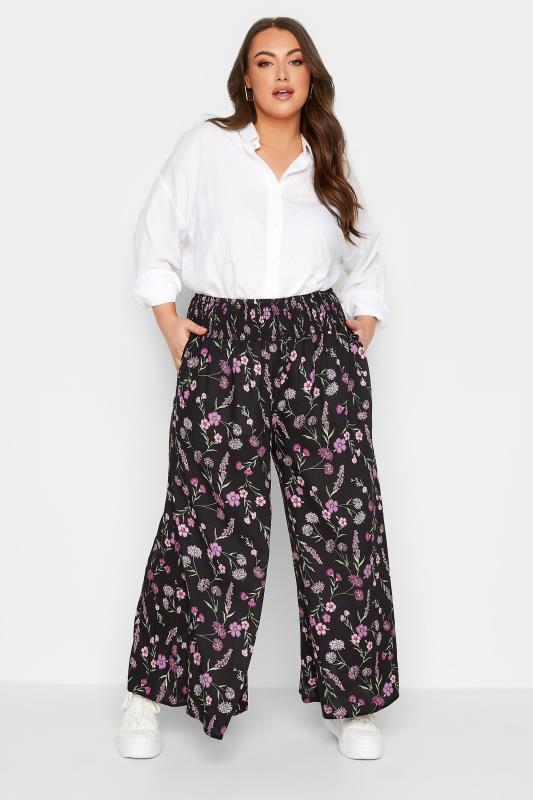YOURS Plus Size Black Floral Print Shirred Waist Wide Leg Trousers | Yours Clothing 2