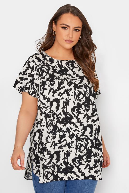 Curve Black & White Abstract Print Frill Shoulder Blouse 1