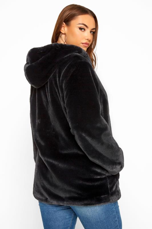 Black Vegan Fur Hooded Coat 3