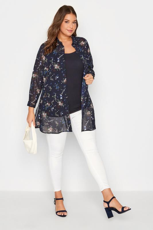 Plus Size Navy Blue Floral Print Button Through Shirt | Yours Clothing 2
