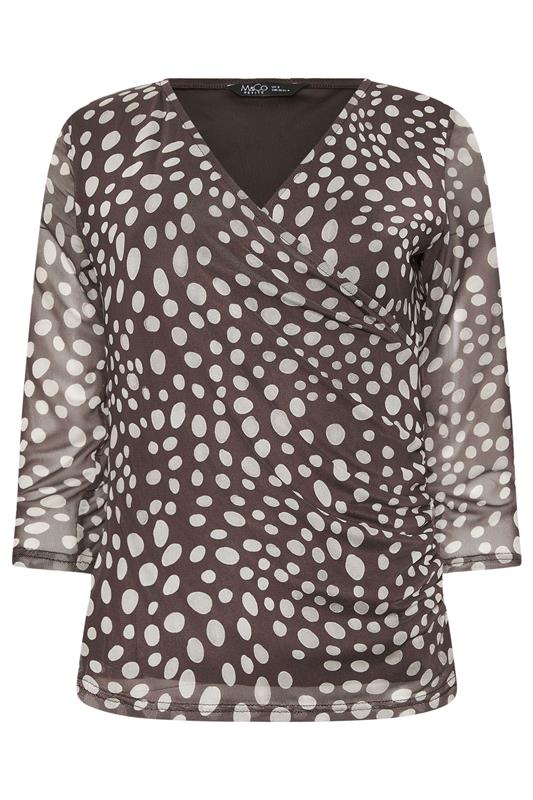M&Co Petite Chocolate Brown Polka Dot Mesh Sleeve Wrap Top | M&Co 5