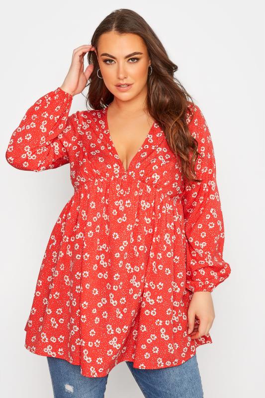 Plus Size  LIMITED COLLECTION Curve Red Floral Print Plunge Peplum Blouse