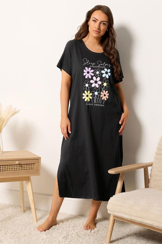 YOURS Plus Size 2 PACK Black 'Sleep Solves Everything'  Floral Midaxi Nightdresses | Yours Clothing 1