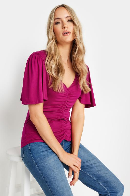 LTS Tall Berry Red Angel Sleeve Ruched Front Top | Long Tall Sally 1