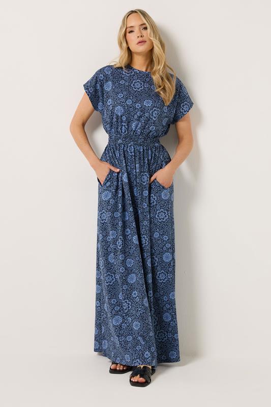 LTS Tall Women's Blue Floral Shirred Waist Cotton Maxi Dress | Long Tall Sally 2