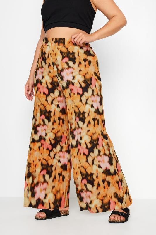 YOURS Plus Size Orange Floral Print Textured Wide Leg Trousers | Yours Clothing 1
