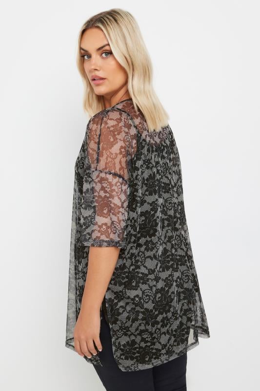 YOURS Plus Size Black & Grey Floral Print Oversized Mesh Top | Yours Clothing 3