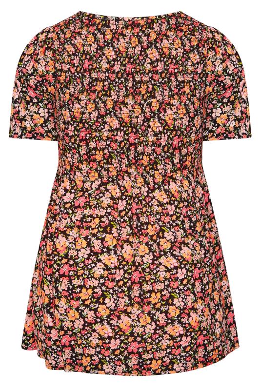 Plus Size Black & Orange Floral Print Shirred Smock Top | Yours Clothing  7