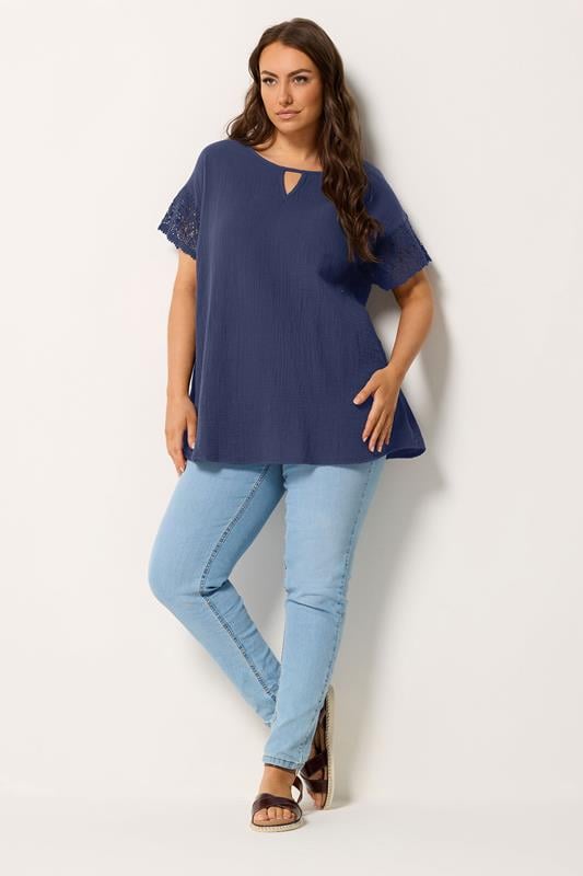 YOURS Plus Size Navy Blue Crochet Cheesecloth Top | Yours Clothing 1