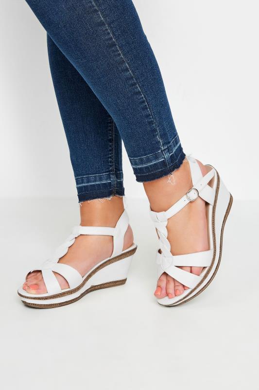 Plus Size  White Cross Strap Wedge Heels In Extra Wide EEE Fit