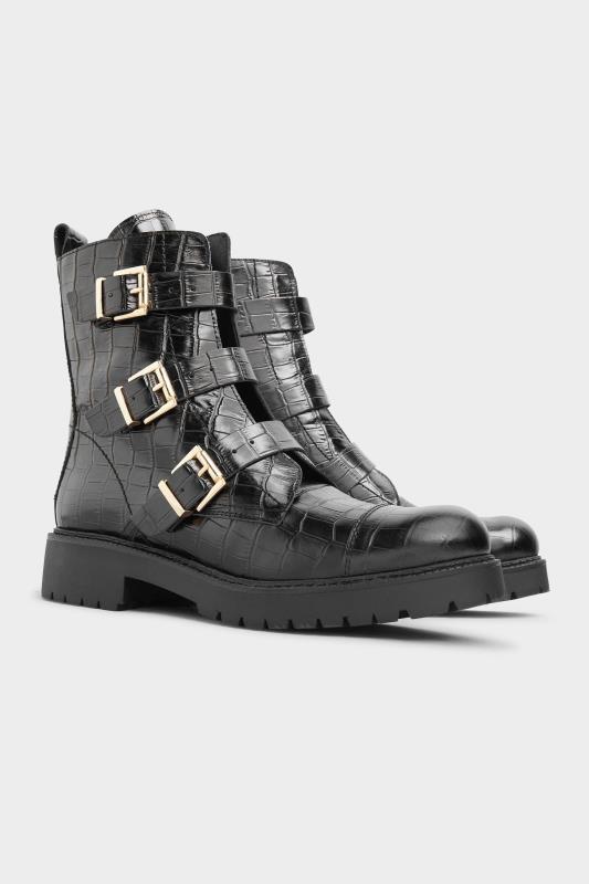 LTS Black Leather Croc Buckle Strap Boots In Standard Fit | Long Tall Sally 2
