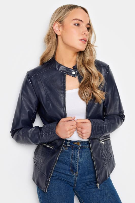  Tallas Grandes LTS Tall Navy Blue Faux Leather Funnel Neck Jacket