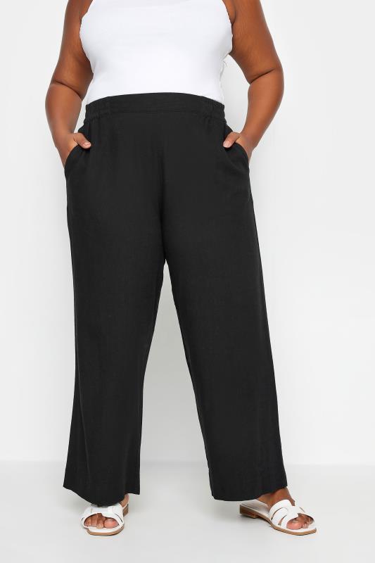 YOURS Plus Size Black Pull On Wide Leg Linen Trousers | Yours Clothing 1