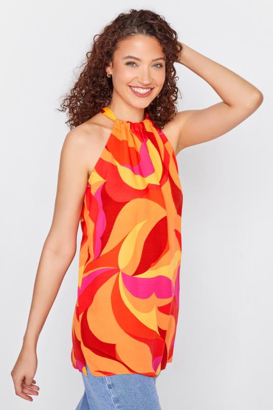 LTS Tall Women's Bright Orange Swirl Print Halter Neck Top | Long Tall Sally  1