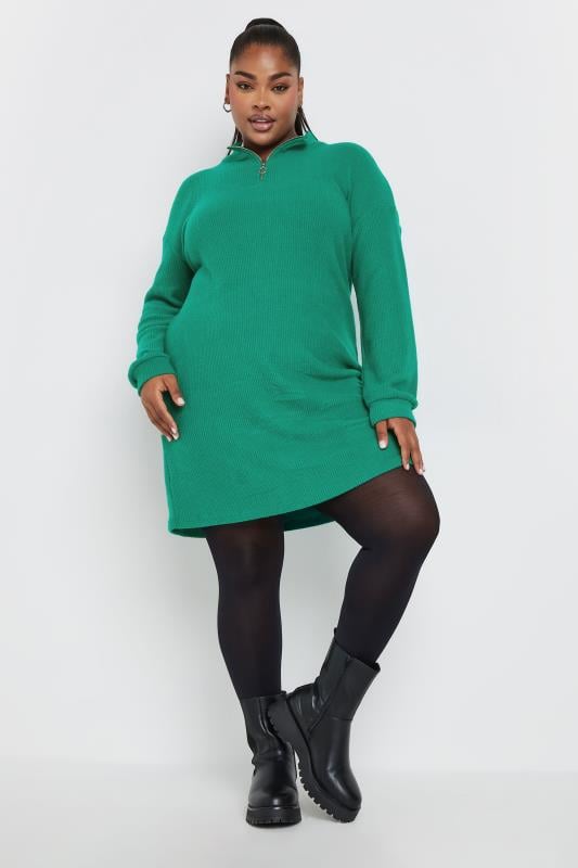 YOURS Plus Size Green Zip Neck Soft Touch Jumper Dress Yours Clothing