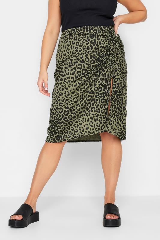 YOURS PETITE Plus Size Sage Green Animal Print Ruched Midi Skirt | Yours Clothing 1