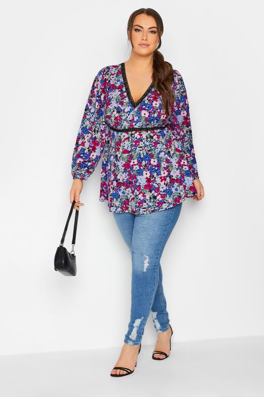 LIMITED COLLECTION Plus Size Blue & Pink Floral Lace Blouse | Yours Clothing 2