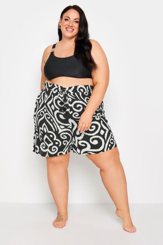 YOURS Plus Size Black Abstract Print Crinkle Tassel Shorts | Yours Clothing 3