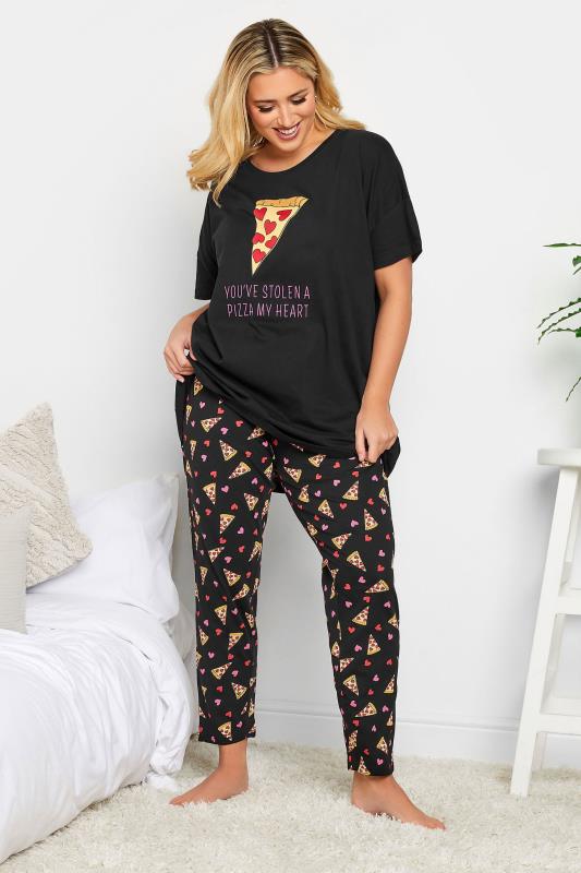 YOURS Plus Size Black 'Pizza My Heart' Printed Tapered Pyjama Set | Yours Clothing 2