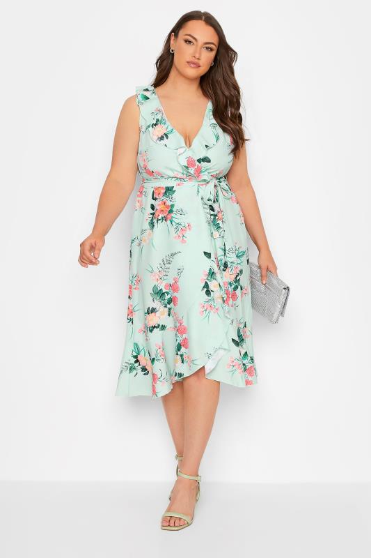 YOURS LONDON Plus Size Green Floral Print Double Ruffle Wrap Dress | Yours Clothing 1