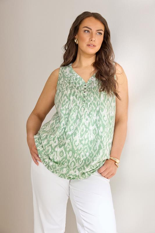  EVANS Curve Green Ikat Print Sleeveless Henley Top