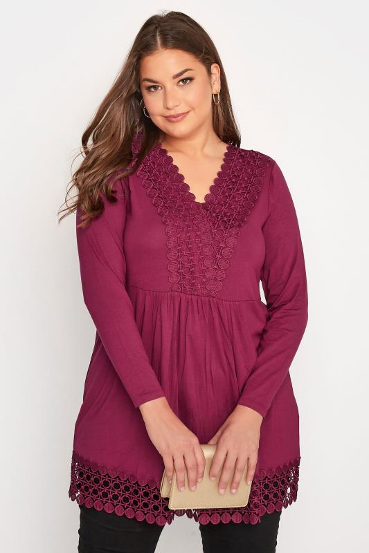 Plus Size  Curve Dark Pink Crochet Trim Long Sleeve Tunic Top
