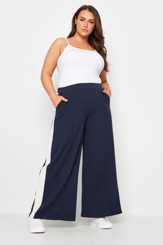 YOURS Plus Size Navy Blue & White Scuba Side Stripe Trousers | Yours Clothing 2