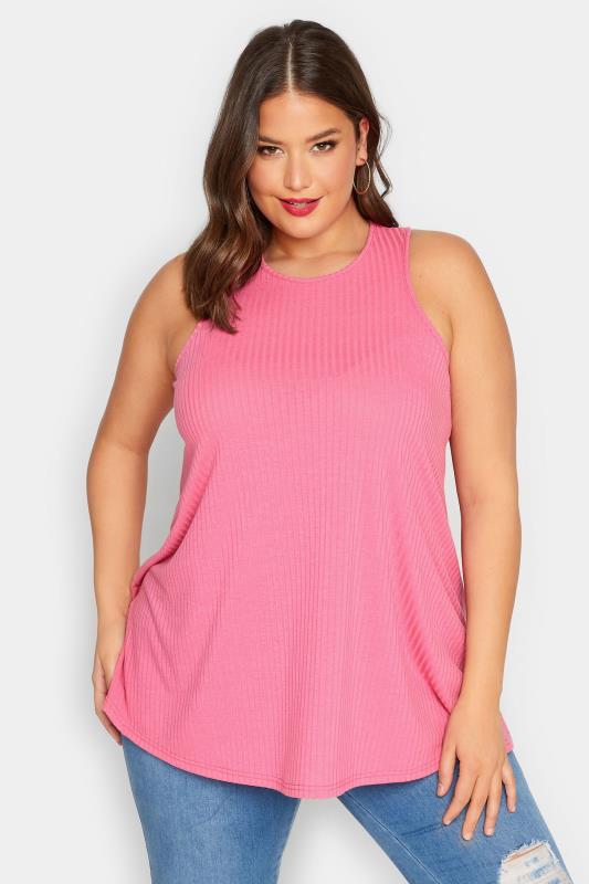 LIMITED COLLECTION Curve Plus Size Pink Ribbed Racer Cami Vest Top | Yours Clothing  1