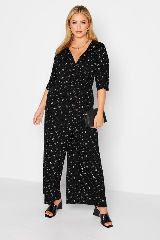 LIMITED COLLECTION Plus Size Black Ditsy Print Wrap Culotte Jumpsuit | Yours Clothing 2