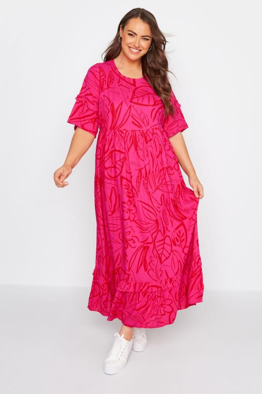 Plus Size  YOURS Curve Pink Leaf Print Maxi Dress
