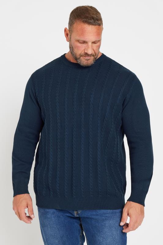 BadRhino Big & Tall Navy Blue Crew Neck Cable Knit Jumper | BadRhino 2