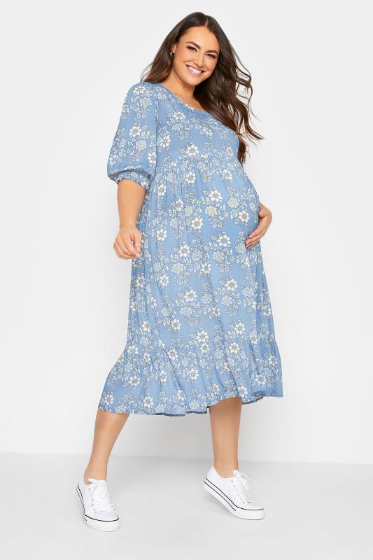 BUMP IT UP MATERNITY Curve Blue Floral Tiered Smock Dress_A.jpg
