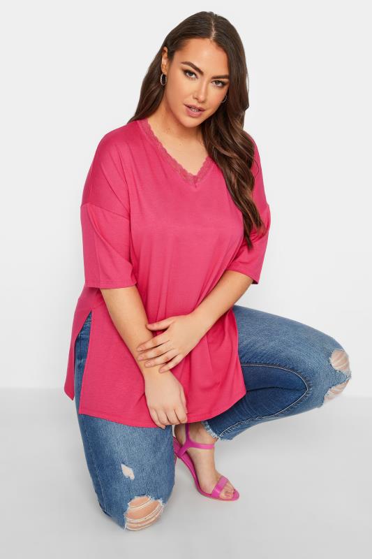 YOURS Plus Size Pink Lace Neck T-Shirt | Yours Clothing 4