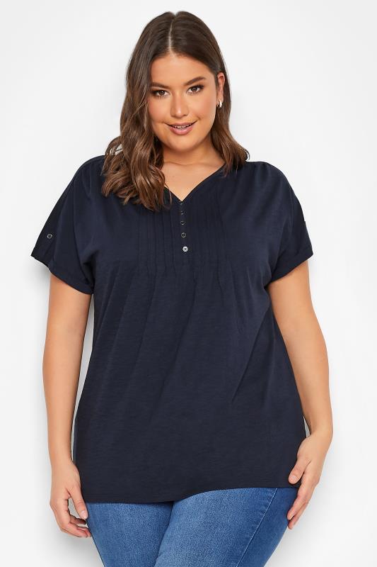 Plus Size  YOURS Curve Navy Blue Henley T-Shirt