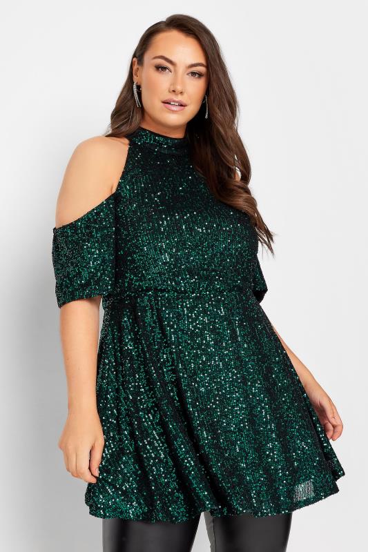 YOURS LONDON Plus Size Green Sequin Choker Cold Shoulder Top | Yours Clothing 1