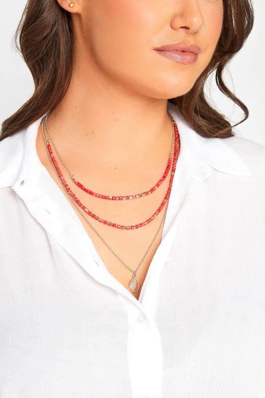 Gold & Red Stone Layered Necklace | Yours Clothing 1
