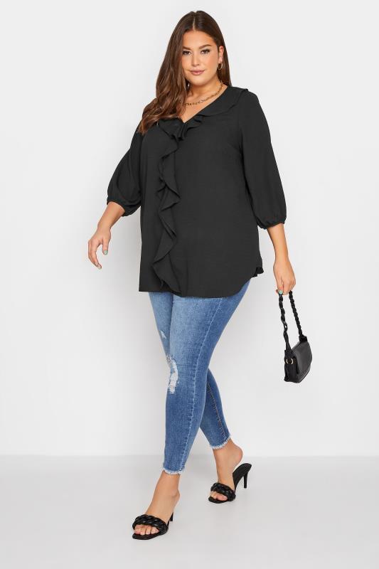 Plus Size Curve Black Frill Front Blouse | Yours Clothing 2