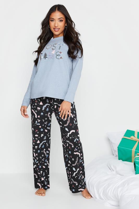 Petite  PixieGirl Blue 'Cosy Time' Christmas Print Pyjama Set