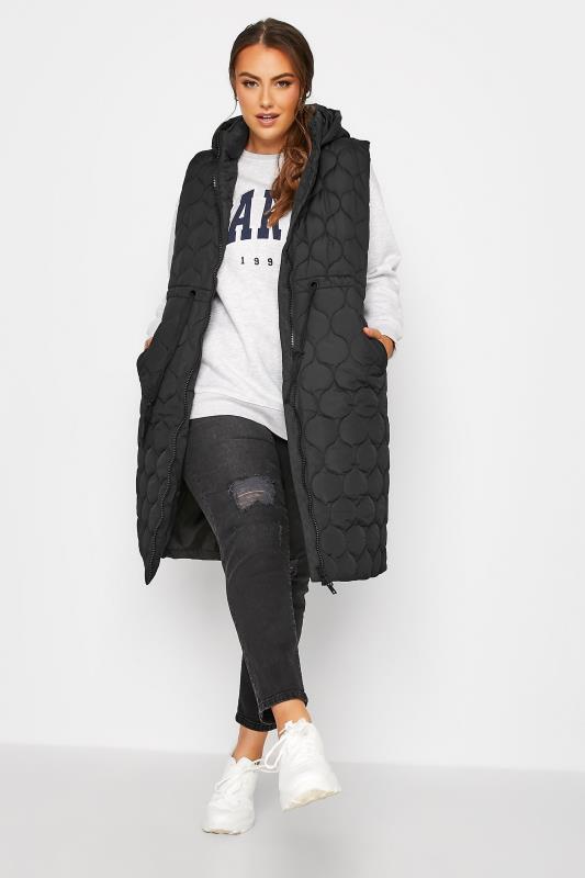 Plus Size  Curve Black Quilted Midi Hooded Gilet