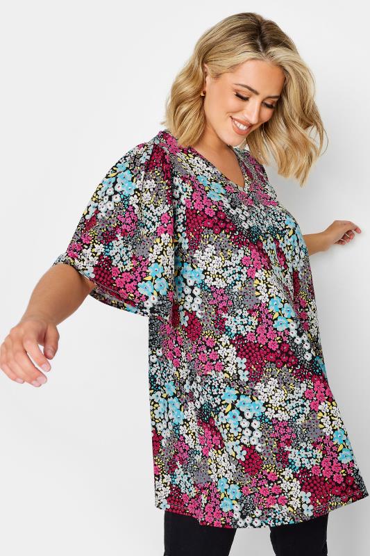 Plus Size  YOURS Curve Grey & White Floral Print Angel Sleeve Swing Top