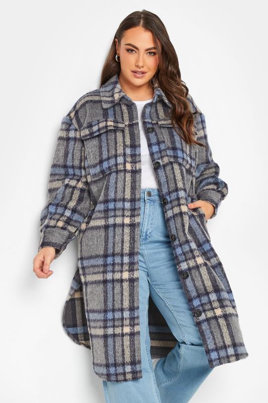 Plus Size  YOURS Curve Grey & Blue Checked Midi Shacket