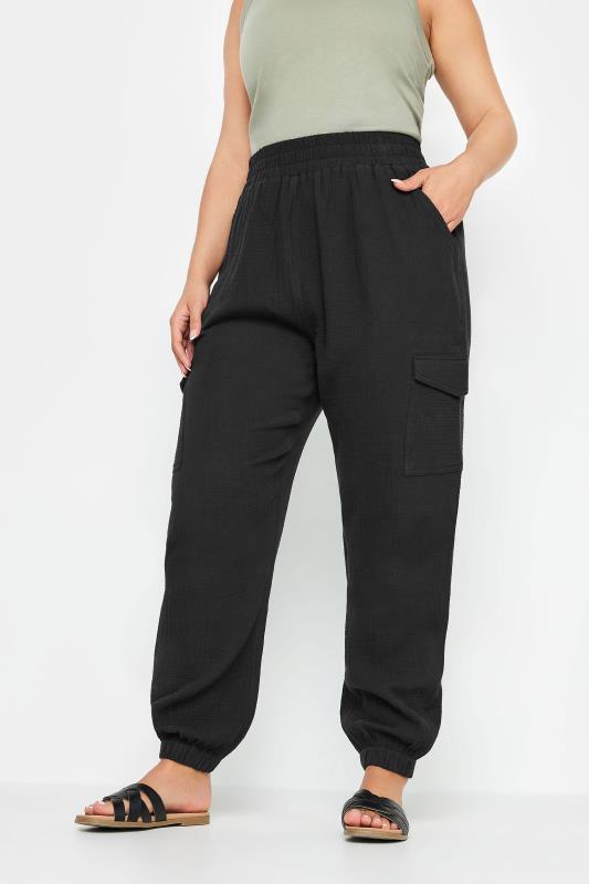 YOURS Plus Size Black Cheesecloth Cuffed Joggers | Yours Clothing 1