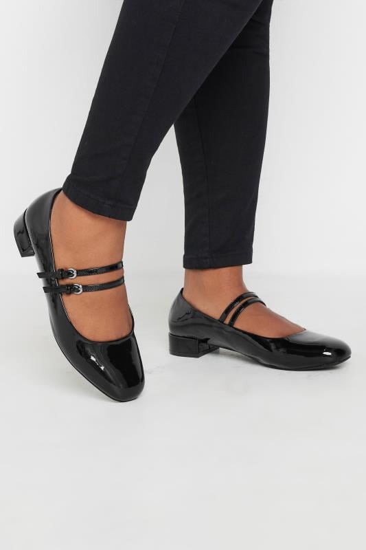 Black Patent Low Block Mary Jane Shoes In Extra Wide EEE Fit | Yours Clothing 1