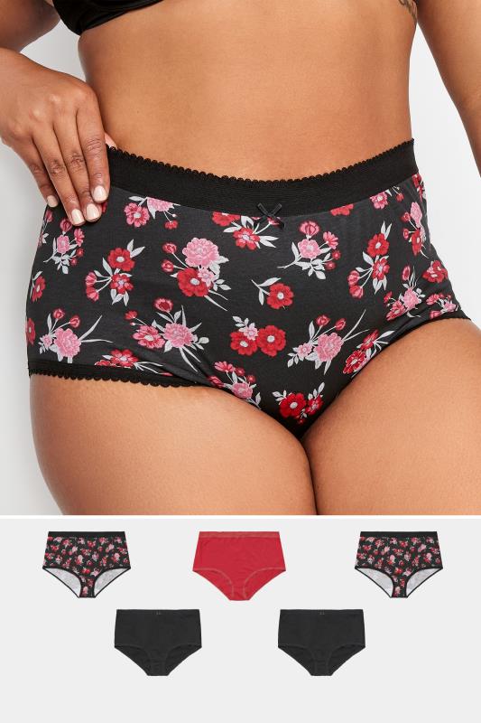 Plus Size  YOURS 5 PACK Curve Black & Red Floral Print High Waisted Full Briefs