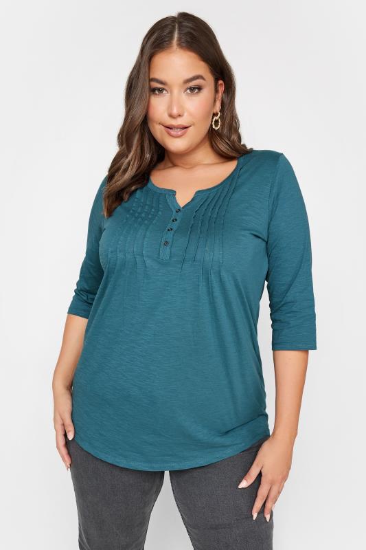 YOURS Curve Plus Size 2 PACK Teal Blue & Black Pintuck Henley Tops | Yours Clothing  2