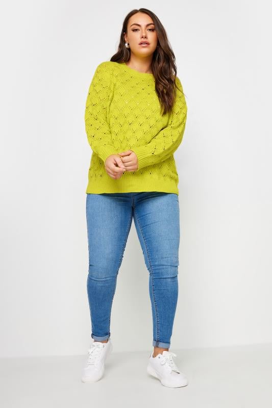 YOURS Plus Size Chartreuse Green Pointelle Jumper | Yours Clothing  2