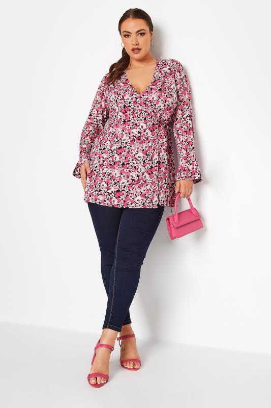 LIMITED COLLECTION Plus Size Pink Floral Print Wrap Top | Yours Clothing 2