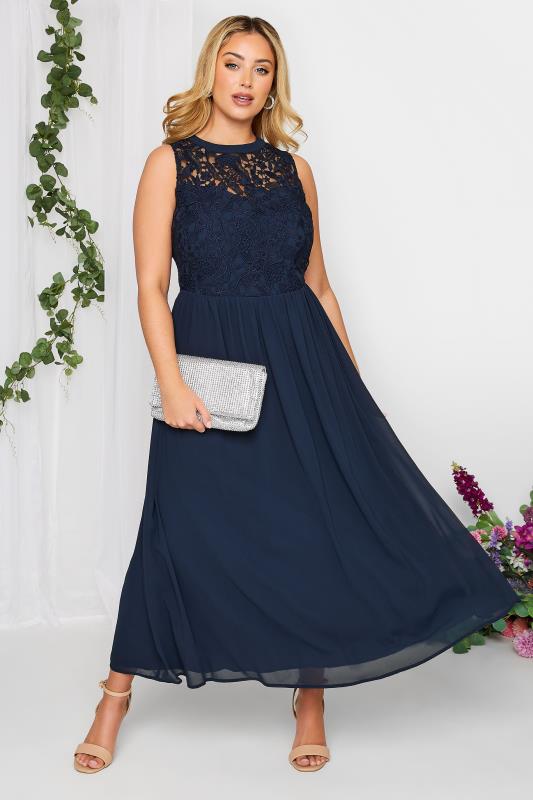 Plus Size YOURS LONDON Curve Dark Blue Lace Front Chiffon Maxi Dress | Yours Clothing  1