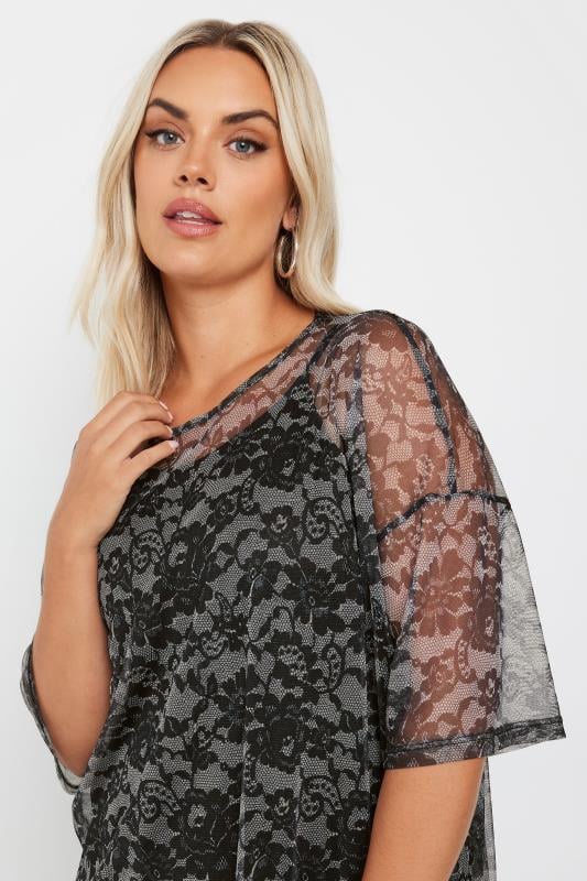 YOURS Plus Size Black & Grey Floral Print Oversized Mesh Top | Yours Clothing 4