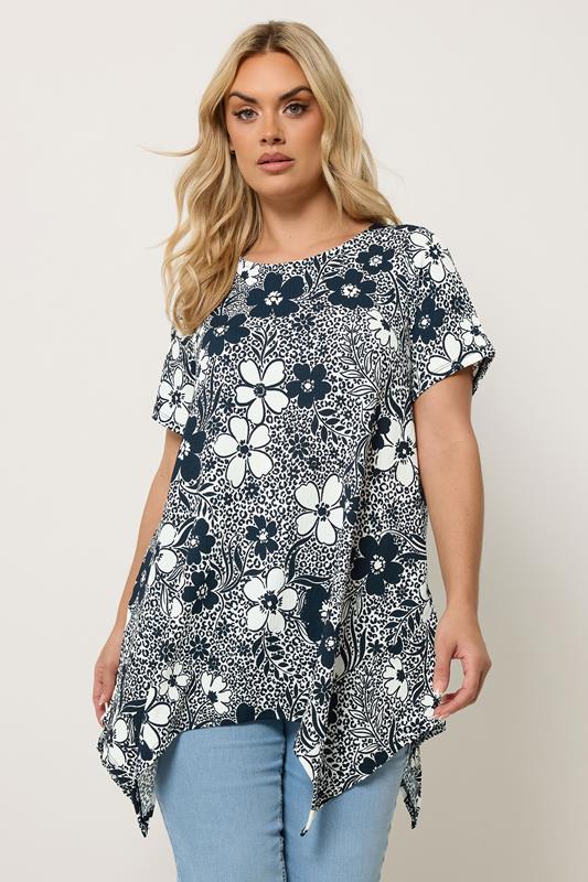 YOURS Plus Size Black Floral Hanky Hem Top | Yours Clothing 1